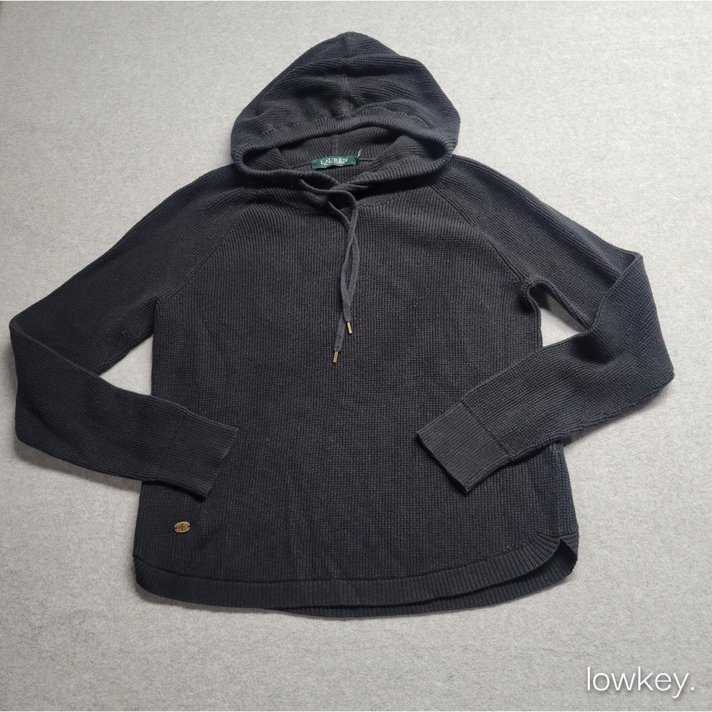 Lauren Ralph Lauren Black Waffle Knit Cotton Hoodie Sweater Womens Medium